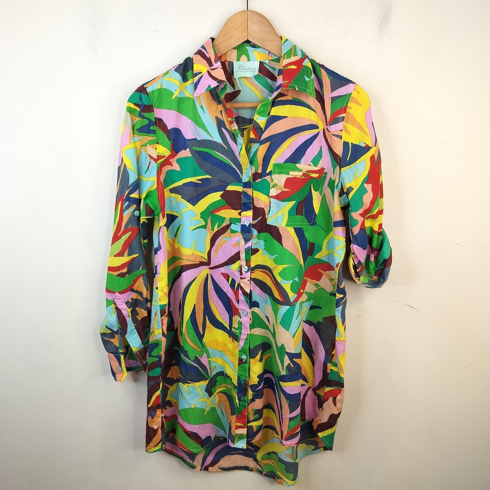 True Destinations Floral Button Up Shirt Womens XS Tropical Vibrant Tab Sleeve